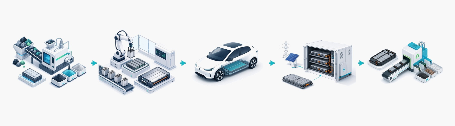 Photorealistic battery lifecycle journey, from raw materials and manufacturing to EV use, second life storage, and recycling